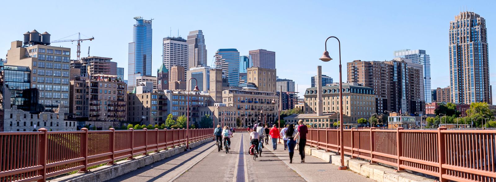 city skyline along biking path